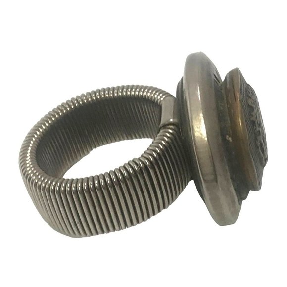 Handmade Silver Tone Womens Stretch Ring Made with Vintage Brass Uniform Button - Picture 3 of 3